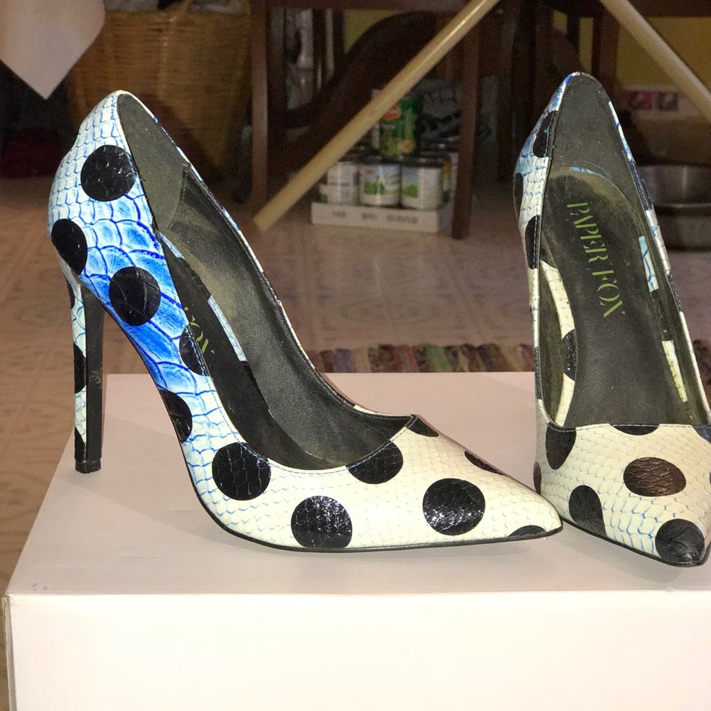 Blue & white with black polka dot heels